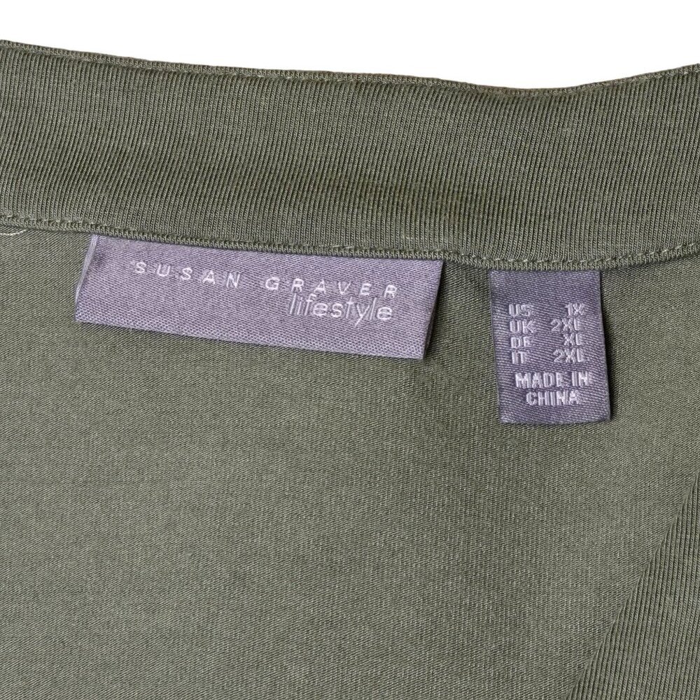 Susan Graver Lifestyle Women Liquid Knit Tunic Top 1XL Green Long Sleeve V-Neck - Picture 2 of 5